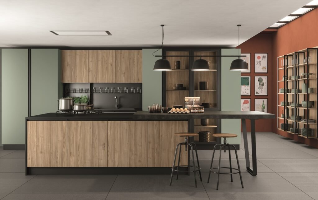 cucina con finiture in legno e metallo